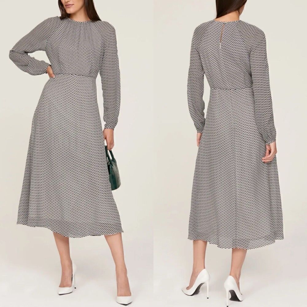 L.K. BENNETT Addison Dress Womens 2 Navy Geometric Midi Long Sleeve Viscose - Picture 1 of 11